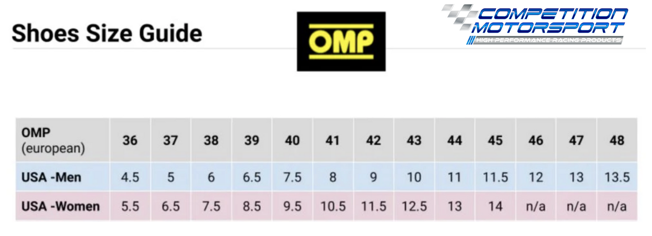OMP ONE Evo FX Racing Shoes Size Chart Image