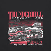 Thumbnail for T-shirt design with race cars and 'Thunderhill Raceway Park' text on a black background