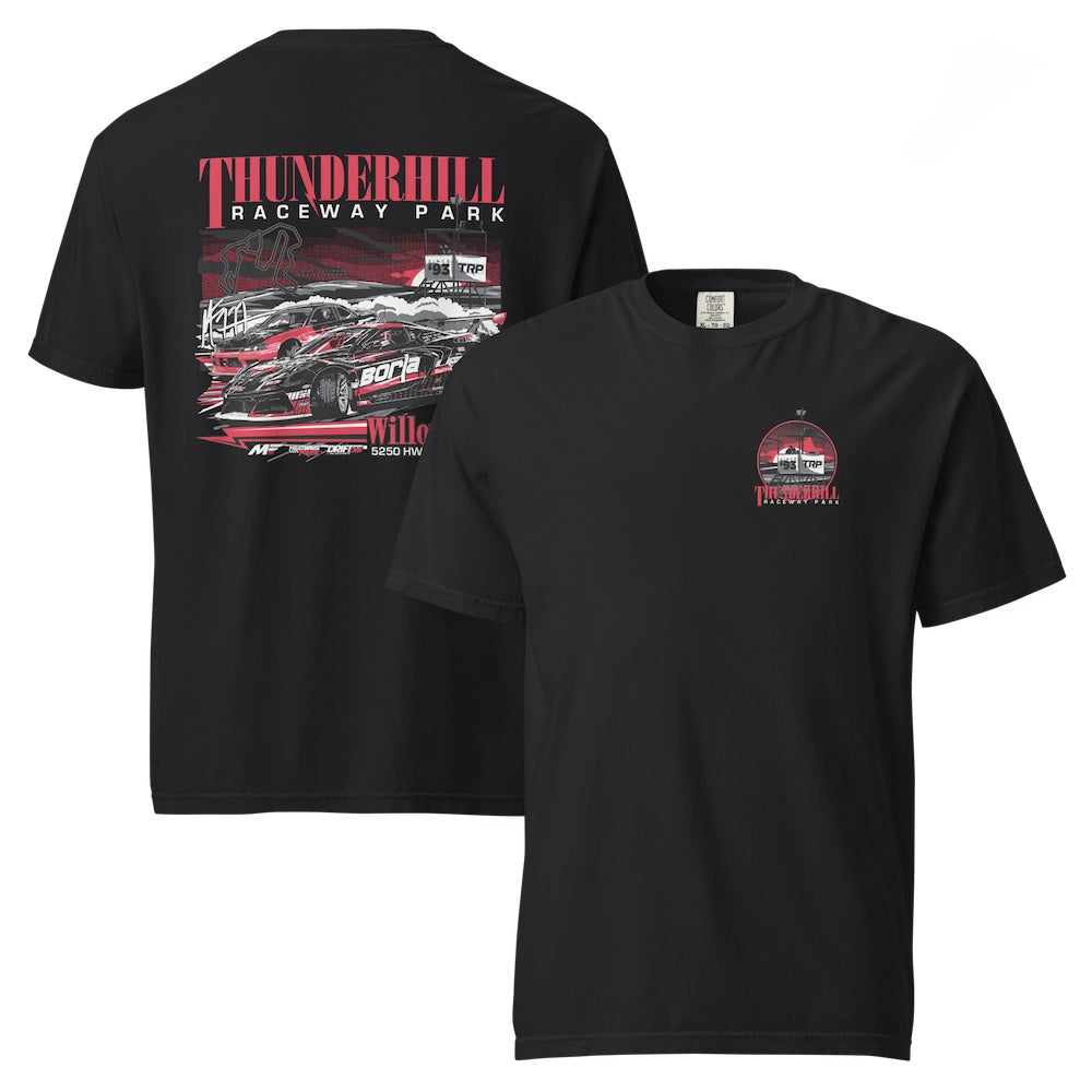 Black t-shirt with racing graphic and 'Thunderhill Raceway Park' text on a white background