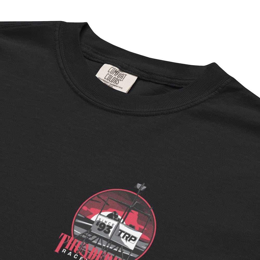 Black t-shirt with a graphic design and 'Comfort Colors' label on a white background