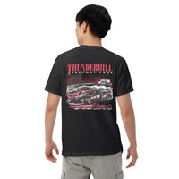 Thumbnail for Person wearing a black t-shirt with a graphic design on the back, featuring the text 'Thunderhill Raceway Park' and race car illustration.