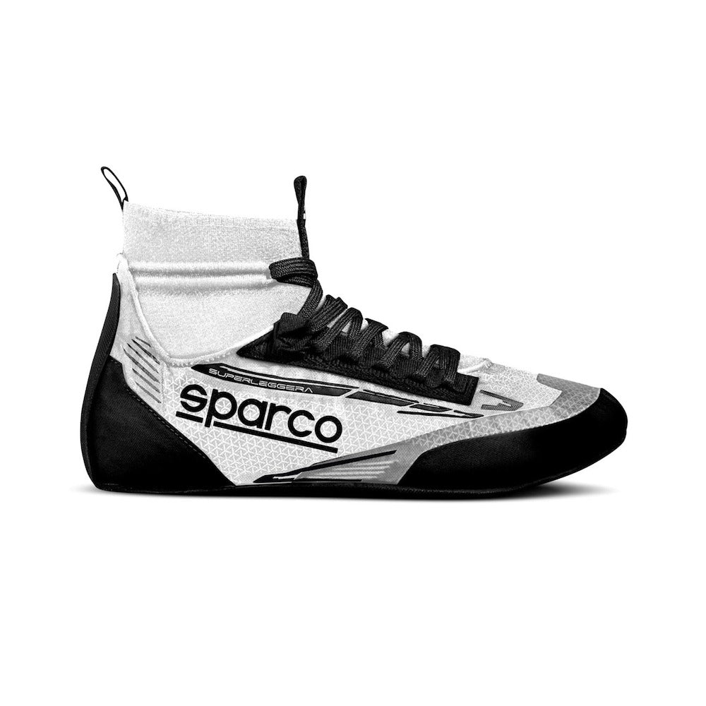 Side view of the Sparco Superleggera Racing Shoes, emphasizing its aerodynamic design and fit for high-speed track performance