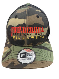 Thumbnail for Camouflage cap with 'Thunderhill Raceway Park' text on a wooden surface