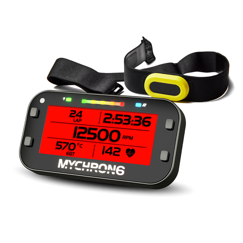 Digital display device with a black strap on a white background, featuring the brand 'MYCHRON6'.