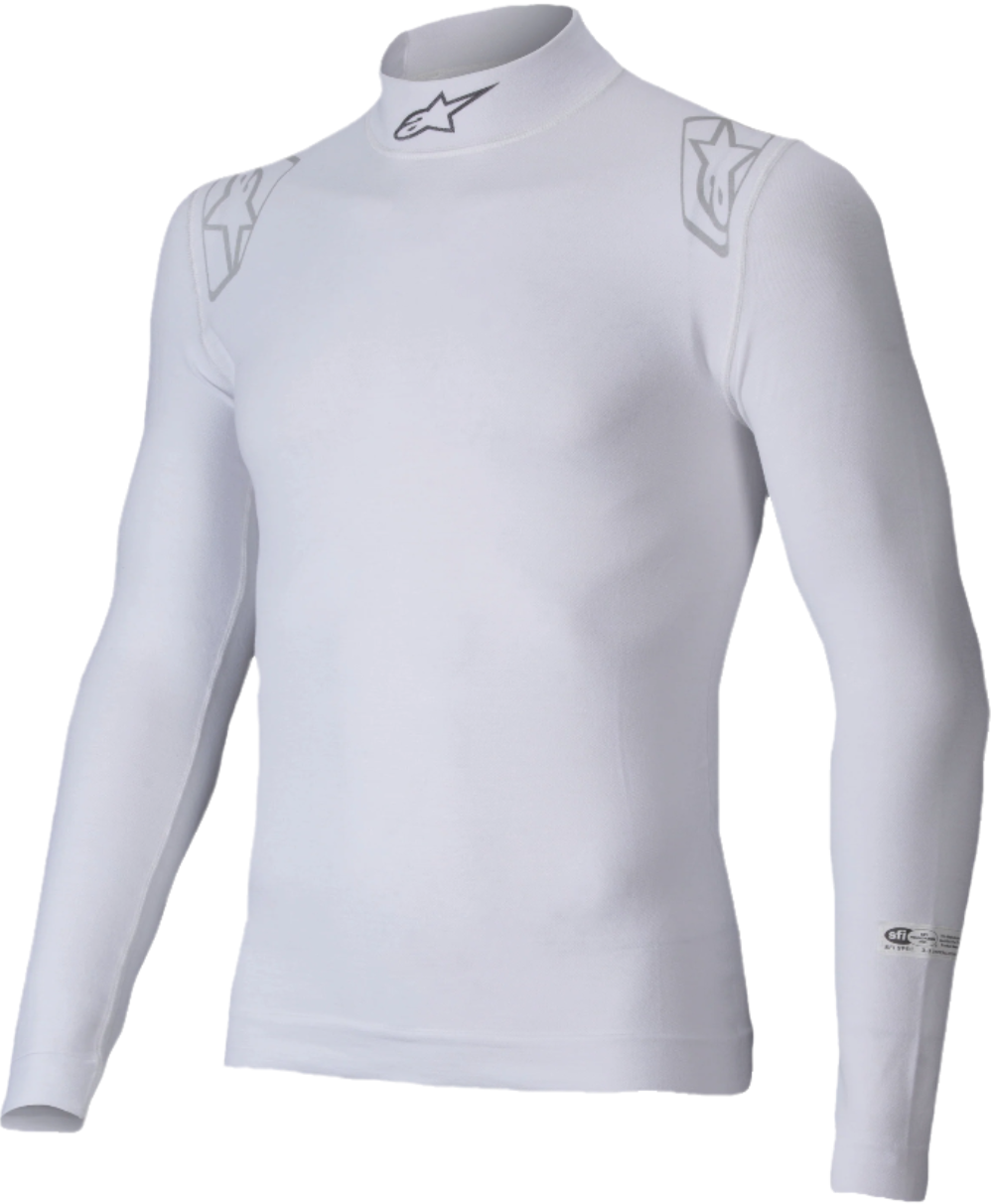 A long-sleeved black Alpinestars ZX EVO v3 Fireproof Shirt with a high collar and brand logos on the shoulders.