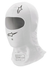 Thumbnail for White Alpinestars Race v3 Nomex Balaclava with eye openings and a small logo on the front.