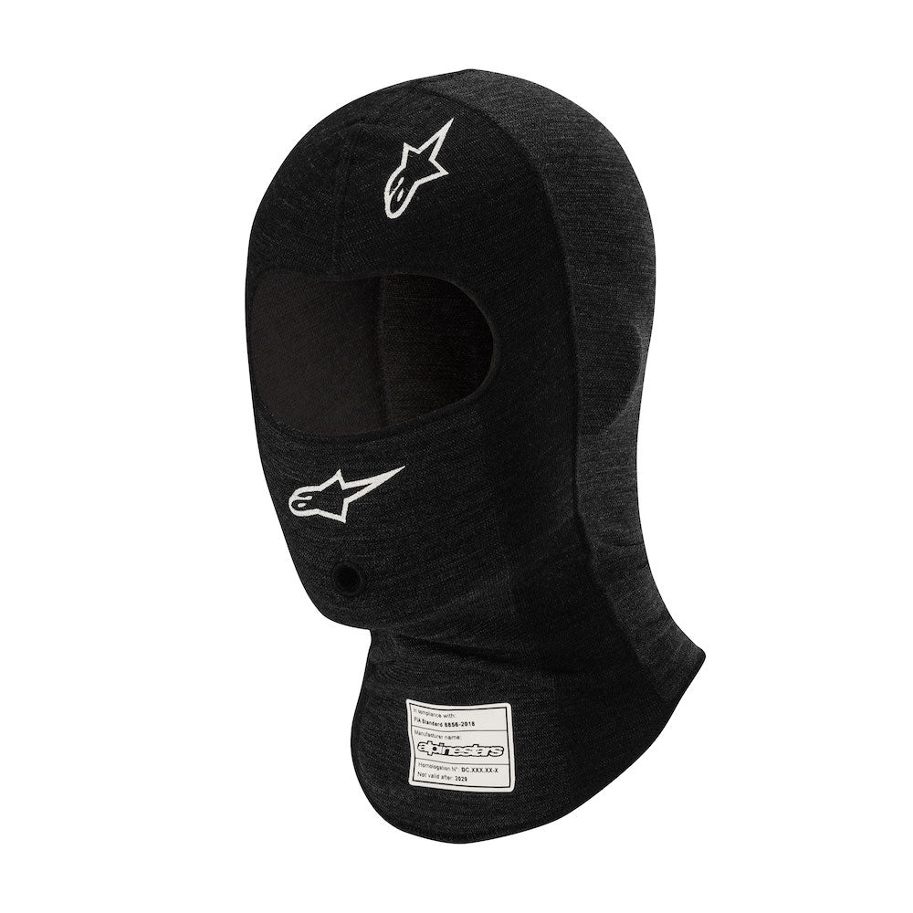 Black Alpinestars Race v3 Nomex Balaclava with eye openings and a small logo on the front.
