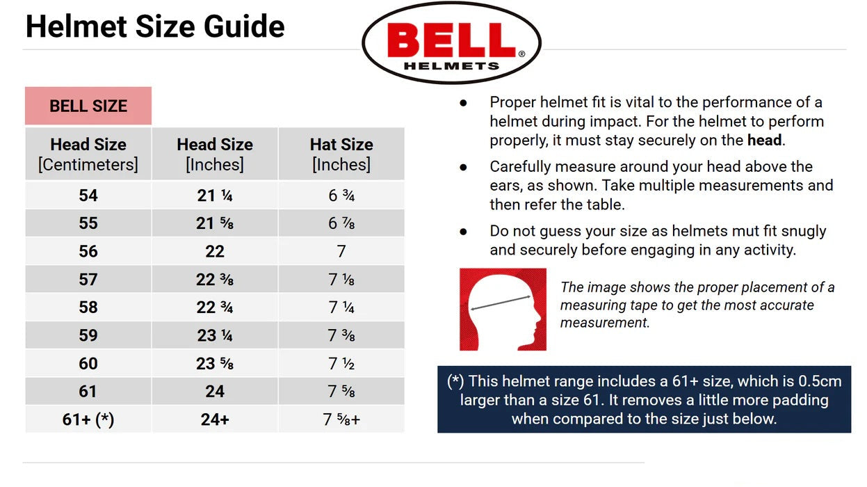 Helmet size guide for Bell helmets with measurements and a Bell logo.