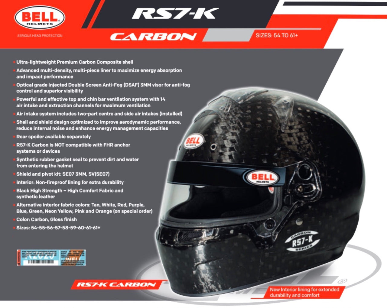 Bell RS7-K Carbon helmet with product details on a gray background