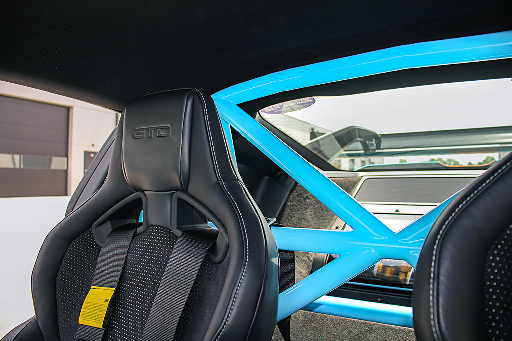 CMS Performance Mustang GTD roll bar with racing harness mounting bar and custom powder coat