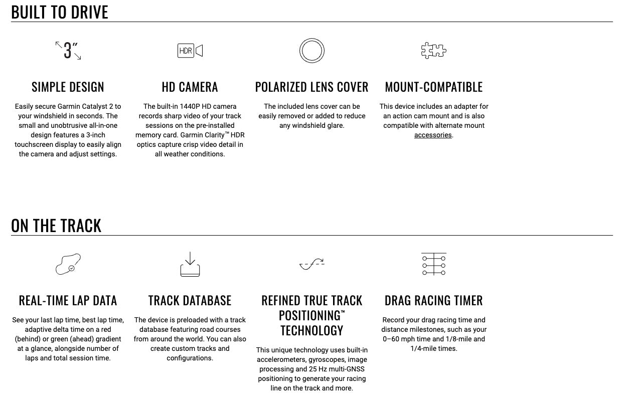 Garmin Catalyst 2 Racetrack Driving Performance Optimizer Image feature list for a device with text and icons on a white background