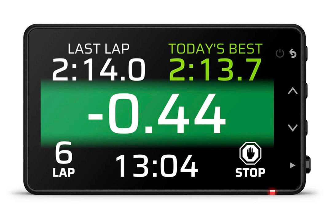 Garmin Catalyst 2 Racetrack Driving Performance Optimizer Front Green Screen Image.  Digital display showing lap times and performance metrics on a white background