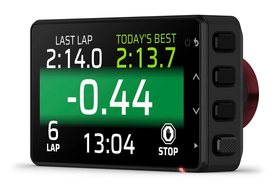 Garmin Catalyst 2 Racetrack Driving Performance Optimizer Profile Green Screen Image.  Digital display with racing metrics on a white background