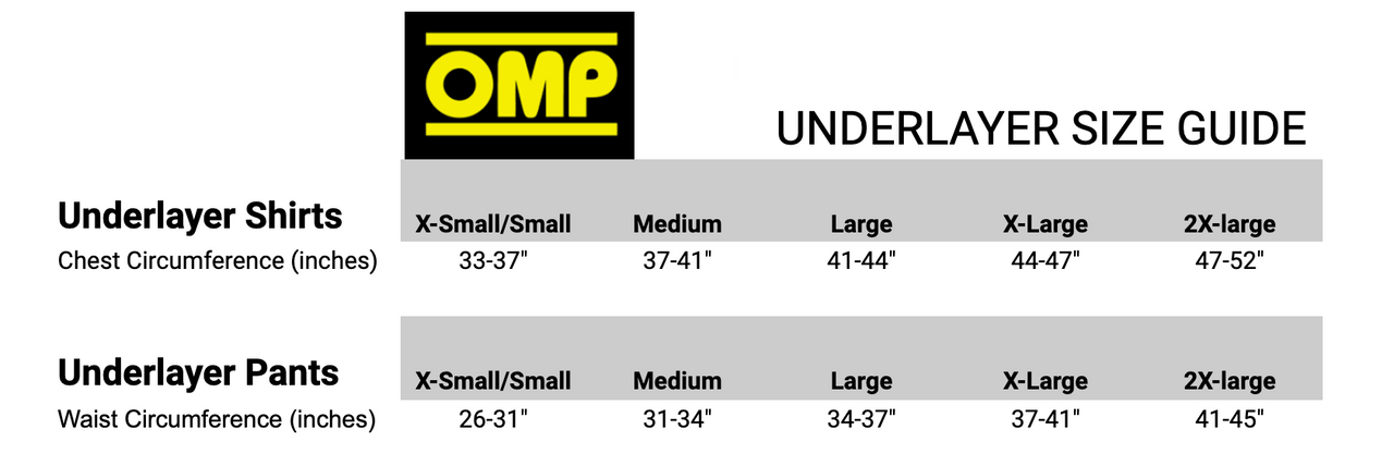 Size guide for underlayer shirts and pants with OMP and Competition Motorsport branding.