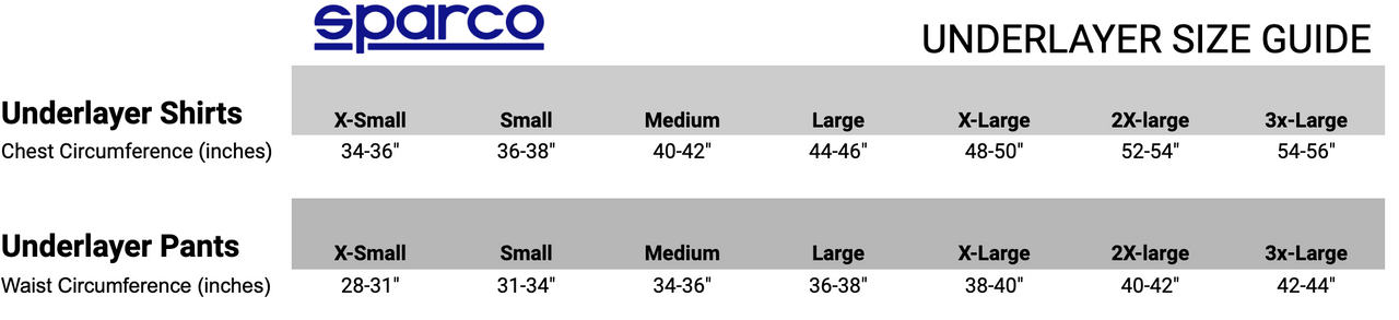 Sparco underlayer size guide with shirt and pants measurements.