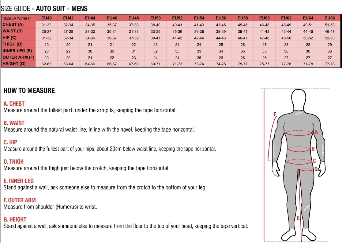 Size guide for men's auto suits with measurement instructions and a mannequin illustration.