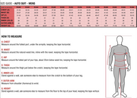 Thumbnail for Size guide for men's auto suits with measurement instructions and a mannequin illustration.