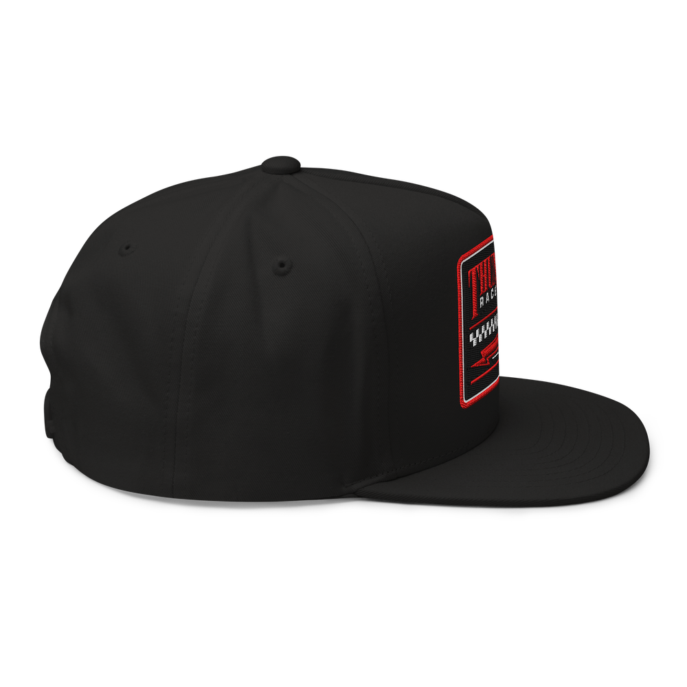 Black cap with a red and white logo on a white background