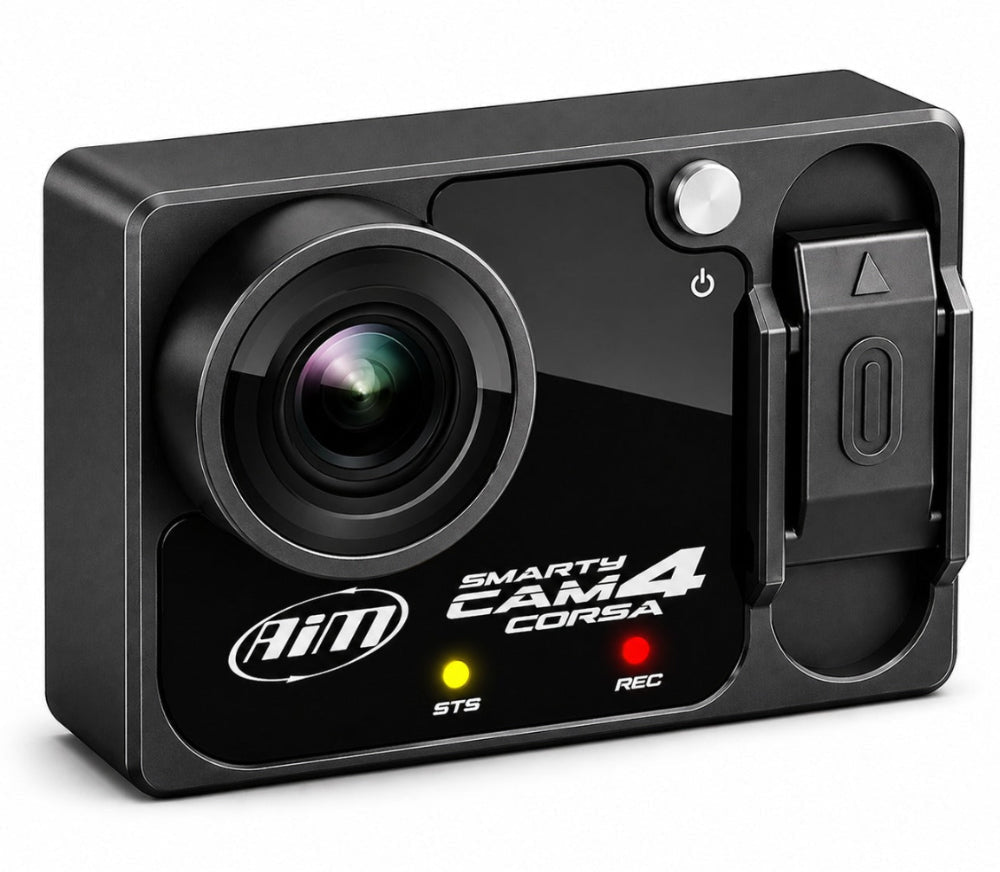 AiM SmartyCam4 Corsa angled view showcasing wide lens, side controls, and LED status lights on a clean white background.