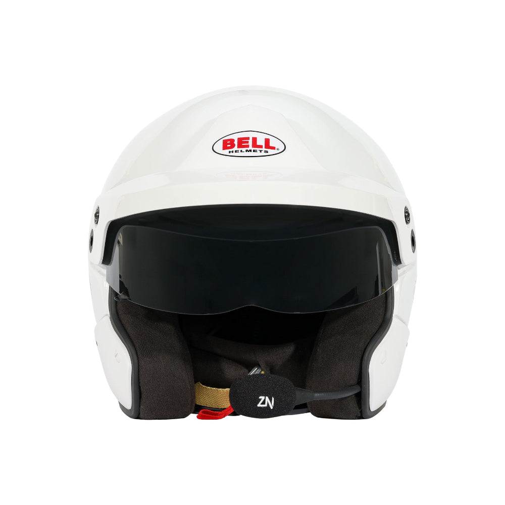 Bell Mag-10 Pro white helmet straight front view with tinted visor
