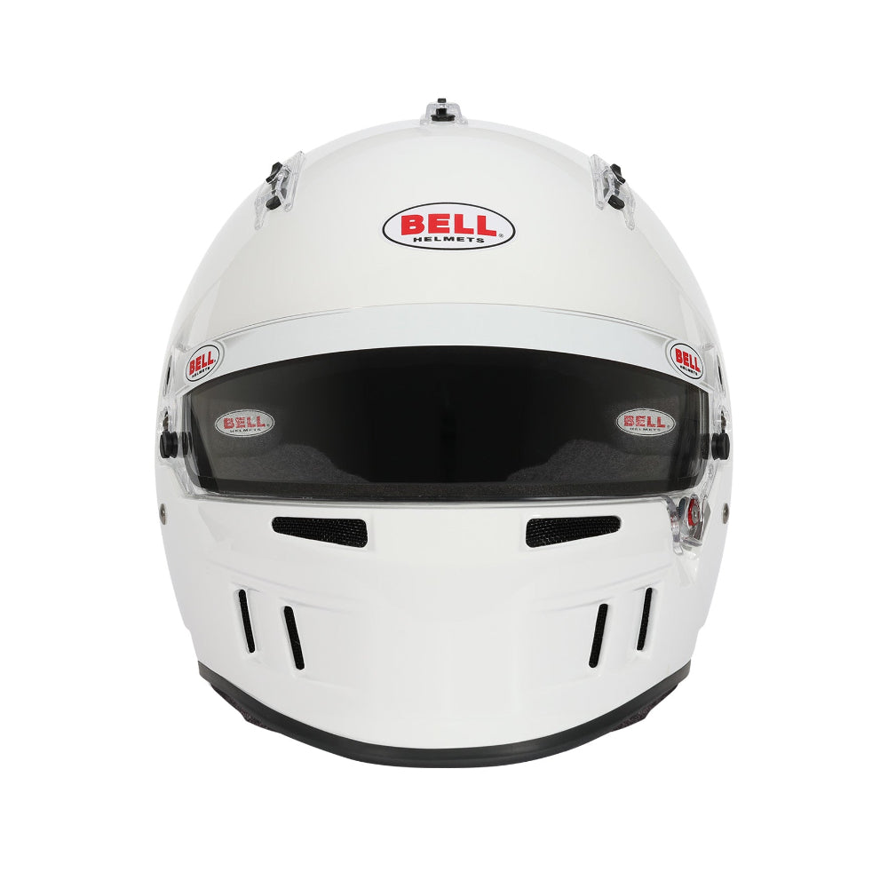 Bell XR7 Pro white auto racing helmet, straight-on front view showing chin vents -image