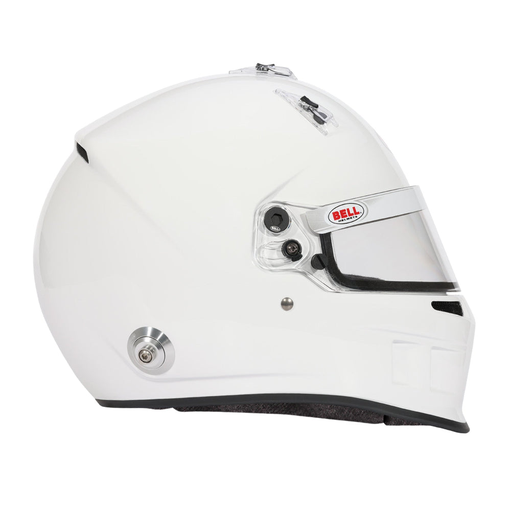 Bell XR7 Pro white auto racing helmet, right-side profile with shield hardware -image