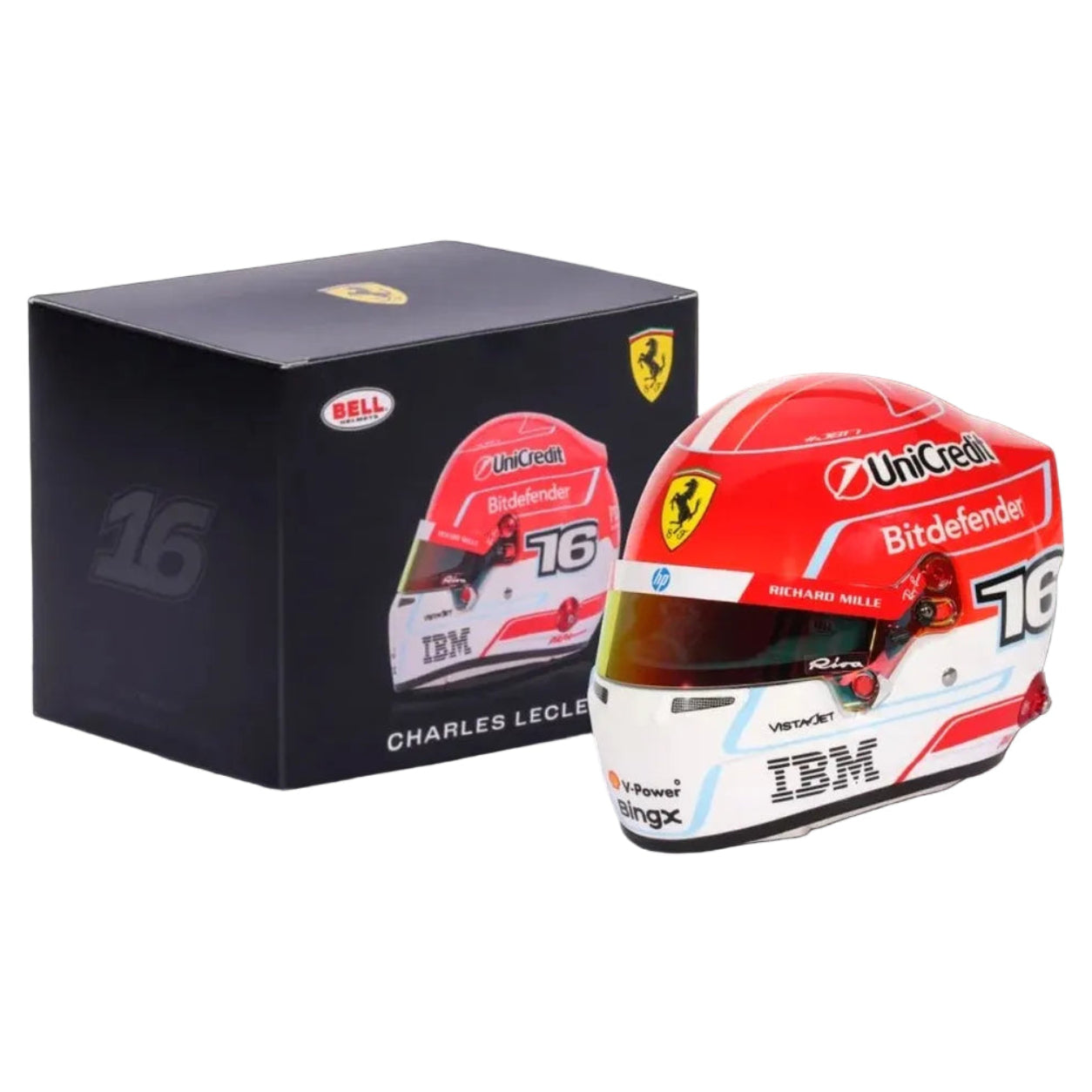 Charles Leclerc 2026 F1 mini helmet shown with larger faded helmet comparison on white background