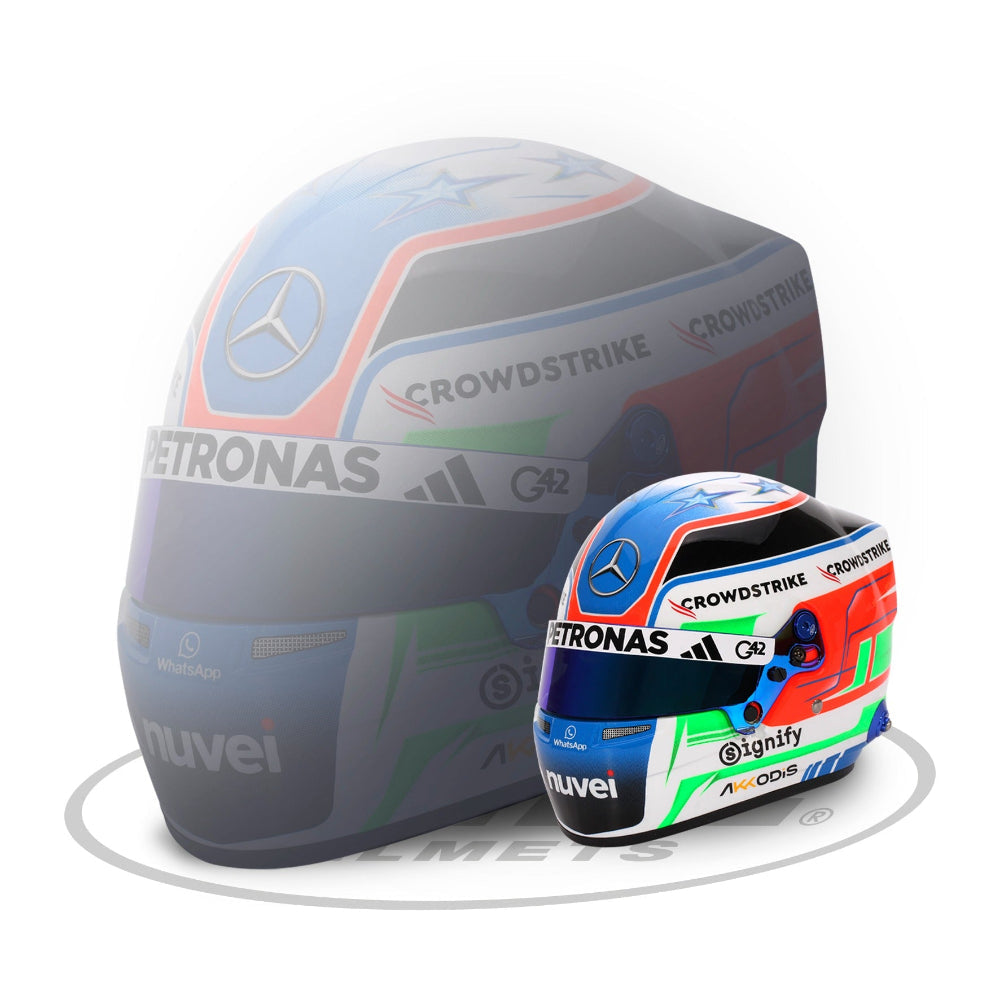 Kimi Antonelli 2025 F1 Bell mini helmet 1:2 scale with full size helmet background image
