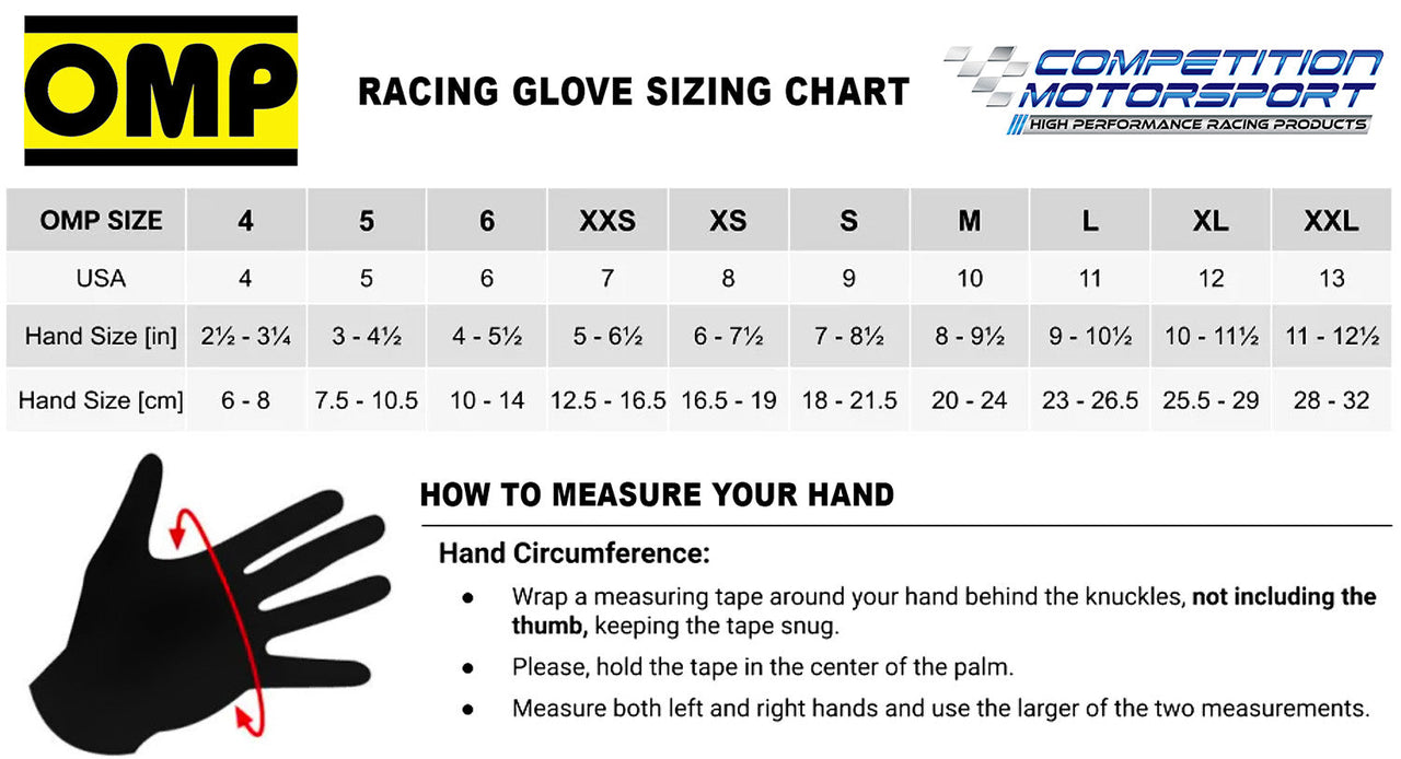 OMP karting gloves size chart – measurement guide for hand size and glove fit selection