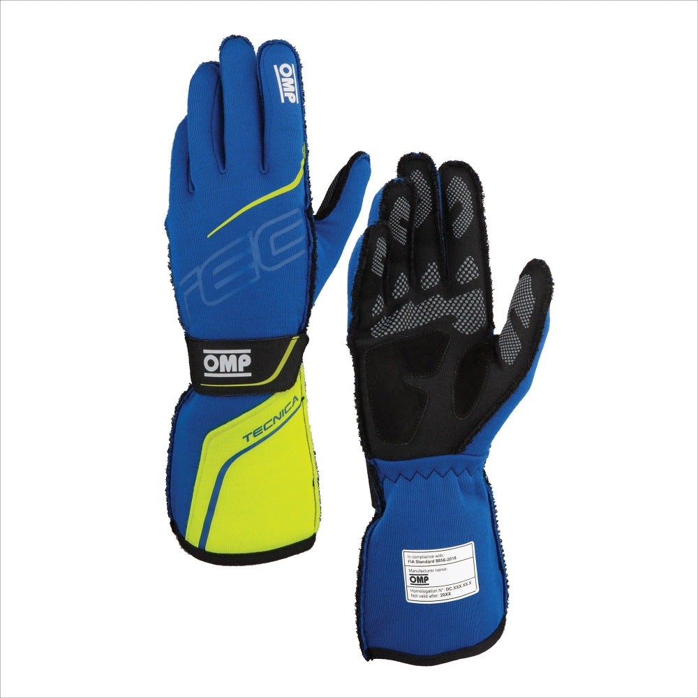 OMP Tecnica racing gloves blue yellow FIA 8856-2018 with high grip palm