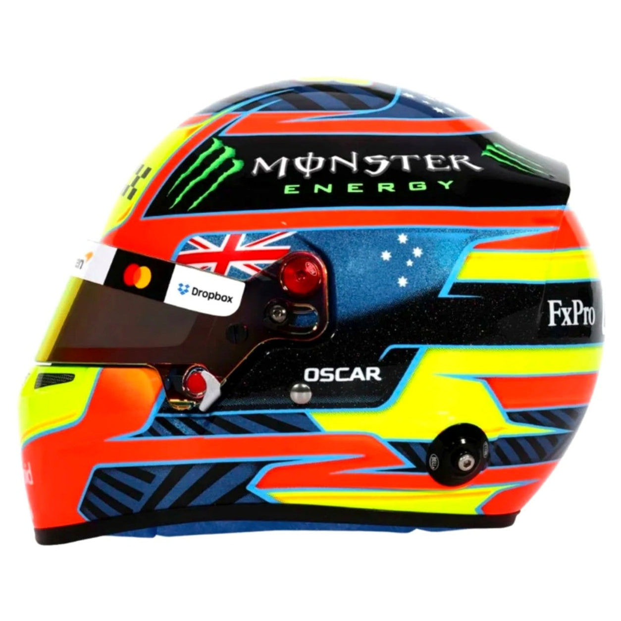 Oscar Piastri 2026 F1 mini helmet left side view with Australian flag, Monster Energy logo, and Oscar name detail