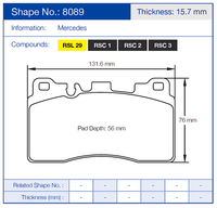 Thumbnail for Pagid Racing Brake Pads No. 8089 (Rear)