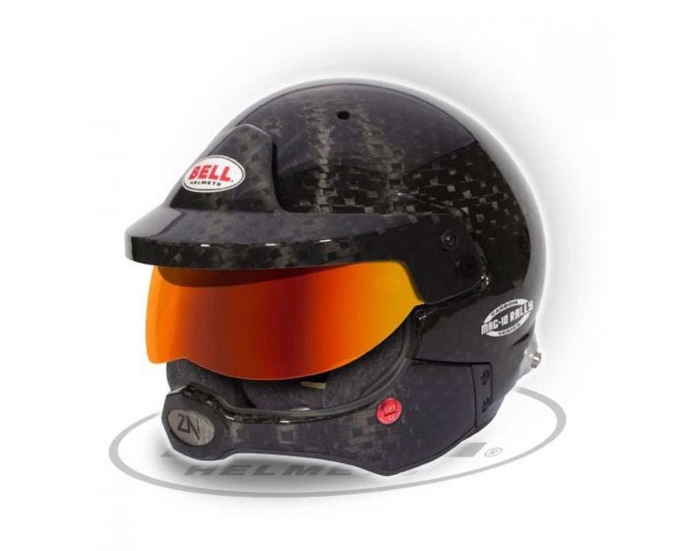 "Close-up of the Bell Mag-10 Rally Carbon Fiber Helmet SA2020, highlighting its sleek design and features optimized for rally racing."