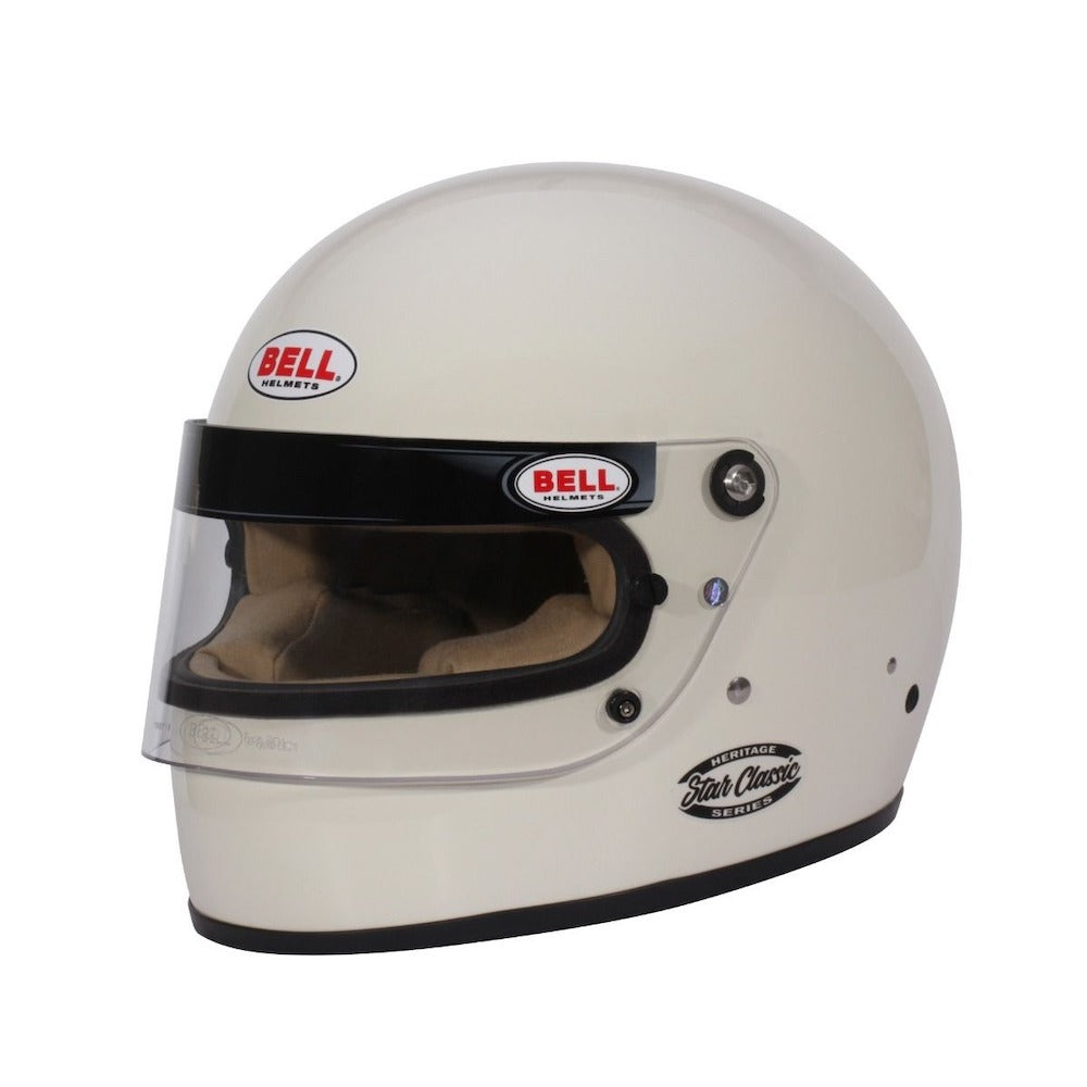 "Experience retro style and modern safety with the Bell Racing Star Classic Vintage Helmet in Heritage White, perfect for motorsports aficionados."