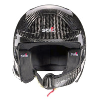 Thumbnail for A dynamic shot of the Stilo Venti WRC Carbon Fiber 8860-2018 helmet, highlighting its aerodynamic shape and carbon fiber construction, perfect for professional motorsport.